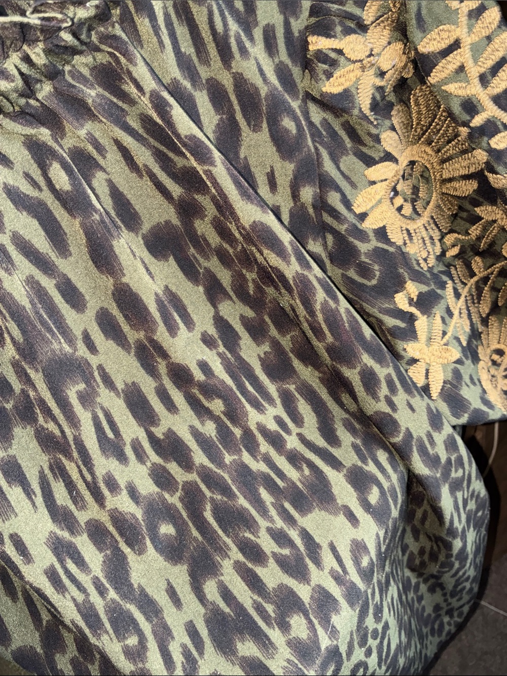 THML Olive Leopard Print Blouse with Gold Floral Embroidered Sleeves - Picture 4 of 6